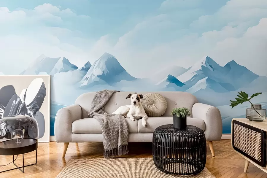 Fototapete Minimalistische blaue Wolken und Berge, eisiges Wetter w08811