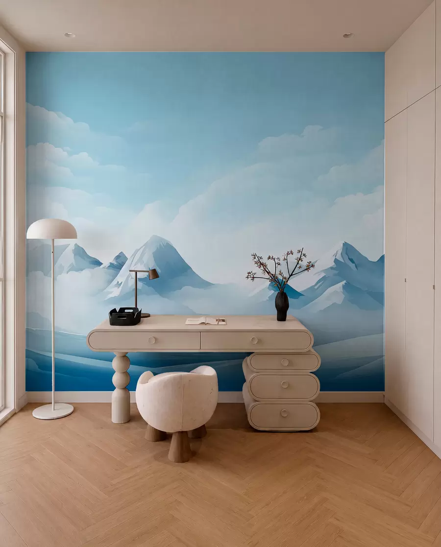 Fototapete Minimalistische blaue Wolken und Berge, eisiges Wetter w08811