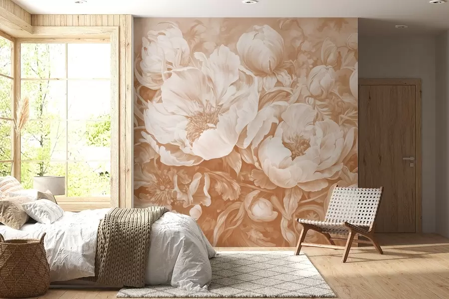 Fototapete Tulpen und Pfingstrosen, eine florale Komposition in beigem Ölpinselstrich-Stil w08817v1