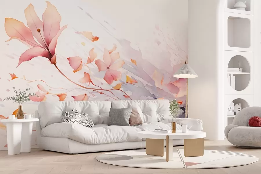 Fototapete Eine Blume mit fallenden Blütenblättern, die im Wind flattern, in einem Aquarellstil w08821