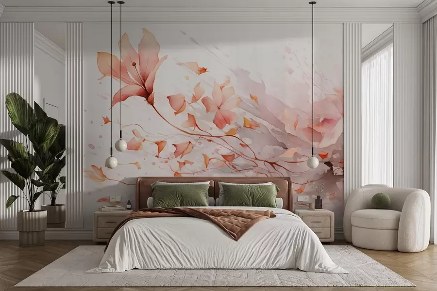 Fototapete Eine Blume mit fallenden Blütenblättern in einem Aquarellstil in warmen Tönen w08821v1