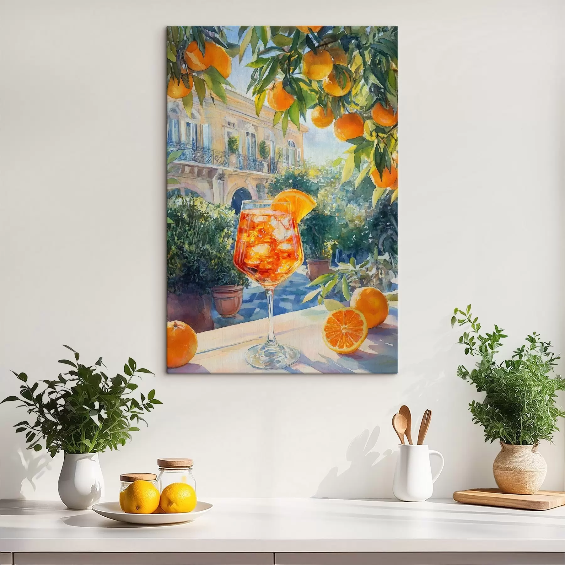 Fototapete Cocktail mit Orangen, Aquarellstil, Italien, Aperol Spritz, Architektur, Sommergarten  s43061