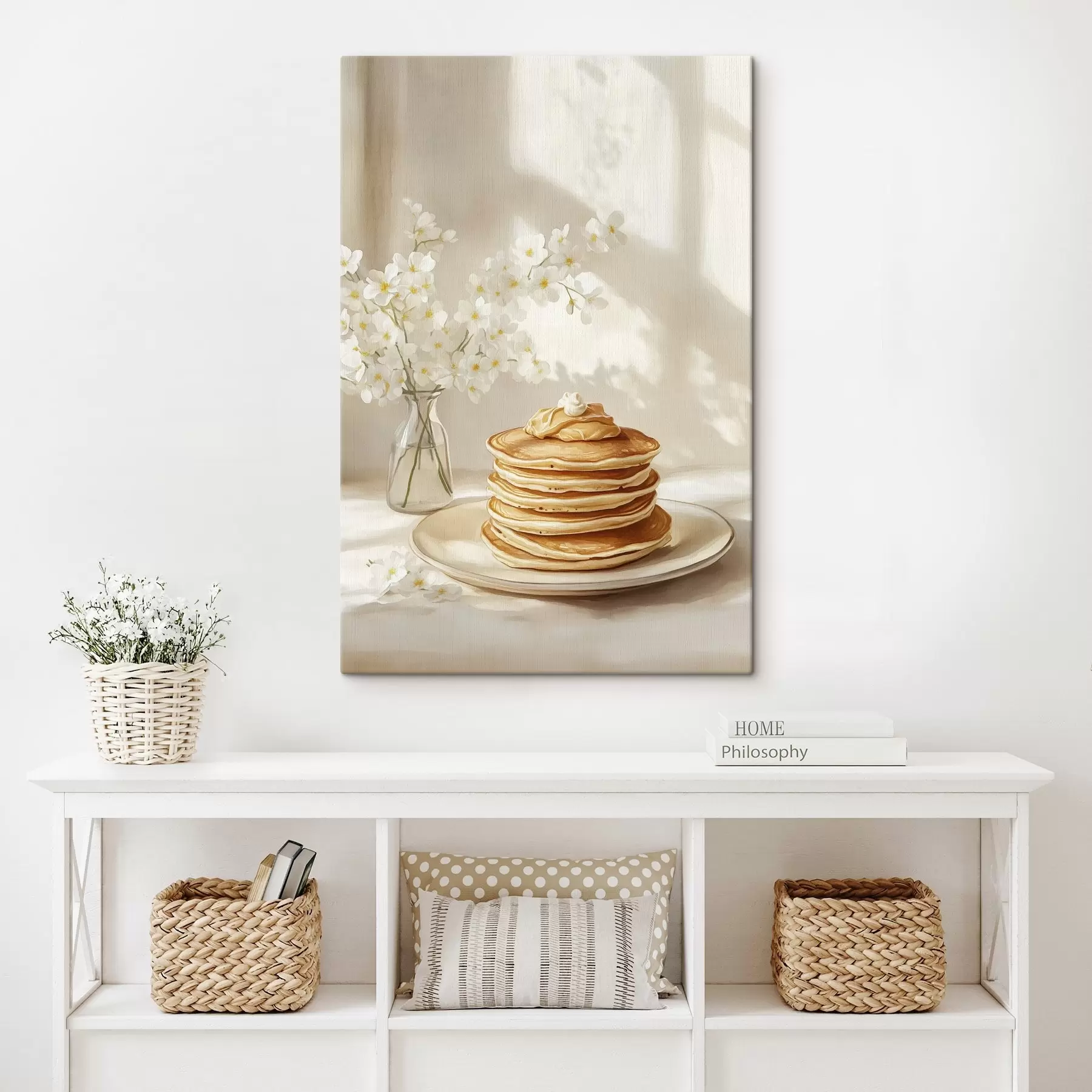 Fototapete Leckere Pfannkuchen mit Erdnussbutter, Aquarellstil, Vase mit weißen Blumen s43063