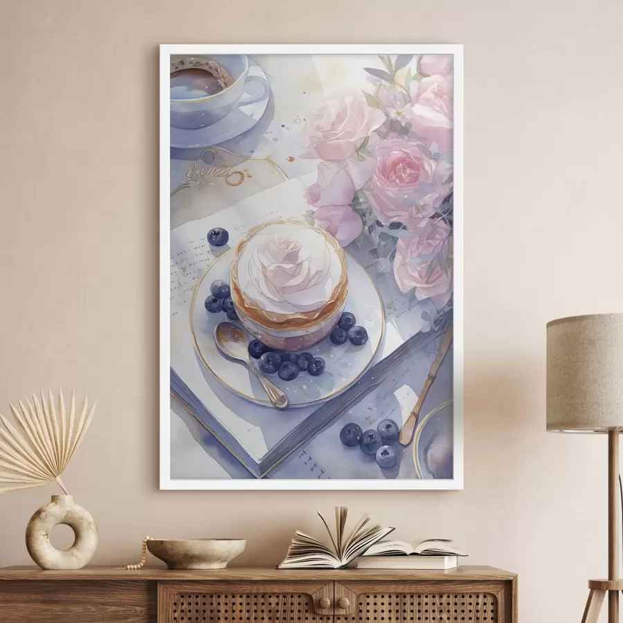 Fototapete Blaubeer-Cupcake, Boho-Stil, Aquarell, rosa Rosen, poetisch f43053