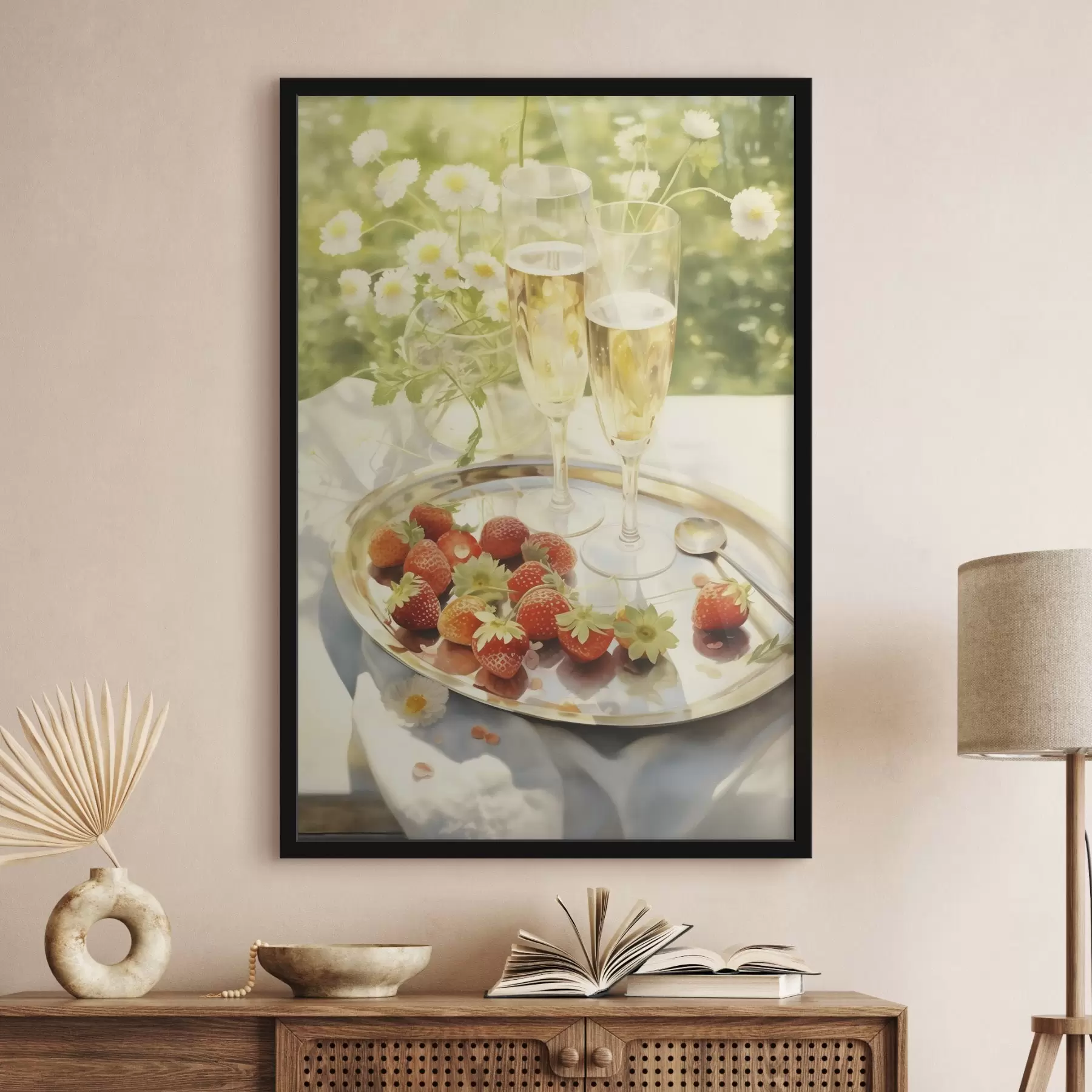 Fototapete Champagnergläser mit Erdbeeren auf dem Tablett, Kamillenblüten, Sommer f43054