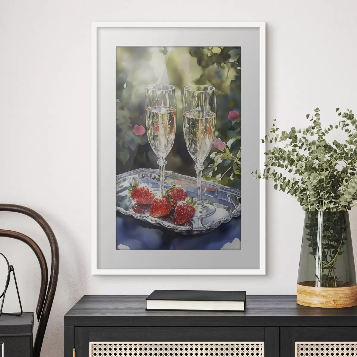 Poster Festliche und prickelnde Sektgläser mit Erdbeeren auf dem Tablett f43057