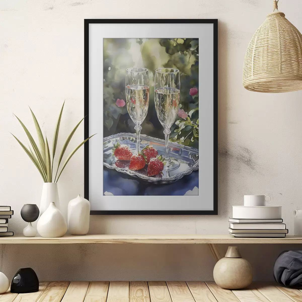 Poster Festliche und prickelnde Sektgläser mit Erdbeeren auf dem Tablett f43057