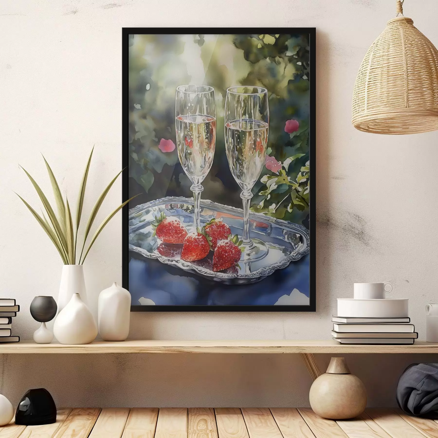 Fototapete Festliche und prickelnde Sektgläser mit Erdbeeren auf dem Tablett f43057