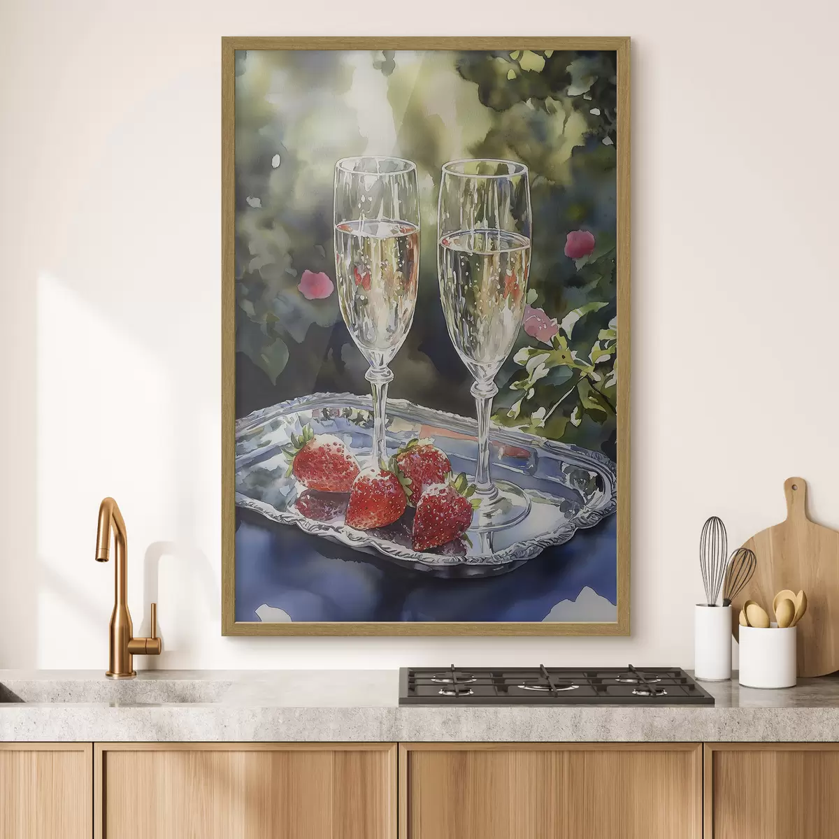 Poster Festliche und prickelnde Sektgläser mit Erdbeeren auf dem Tablett f43057