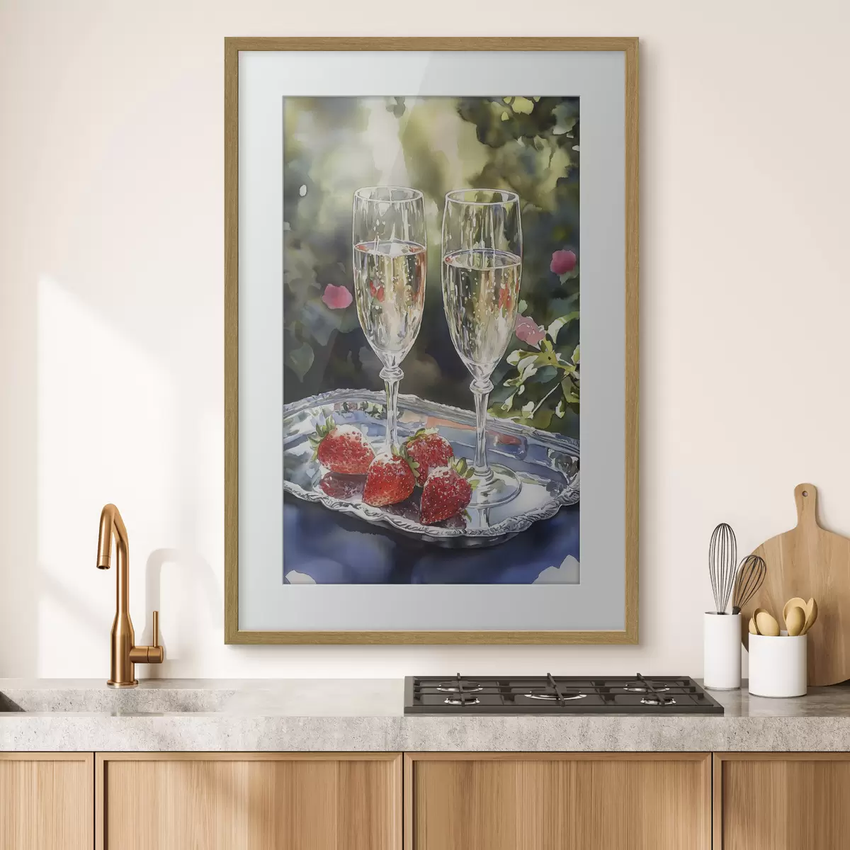 Poster Festliche und prickelnde Sektgläser mit Erdbeeren auf dem Tablett f43057