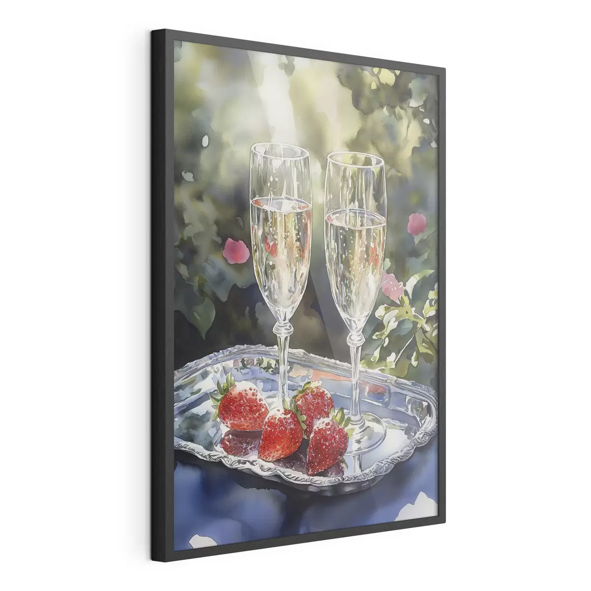 Poster Festliche und prickelnde Sektgläser mit Erdbeeren auf dem Tablett f43057
