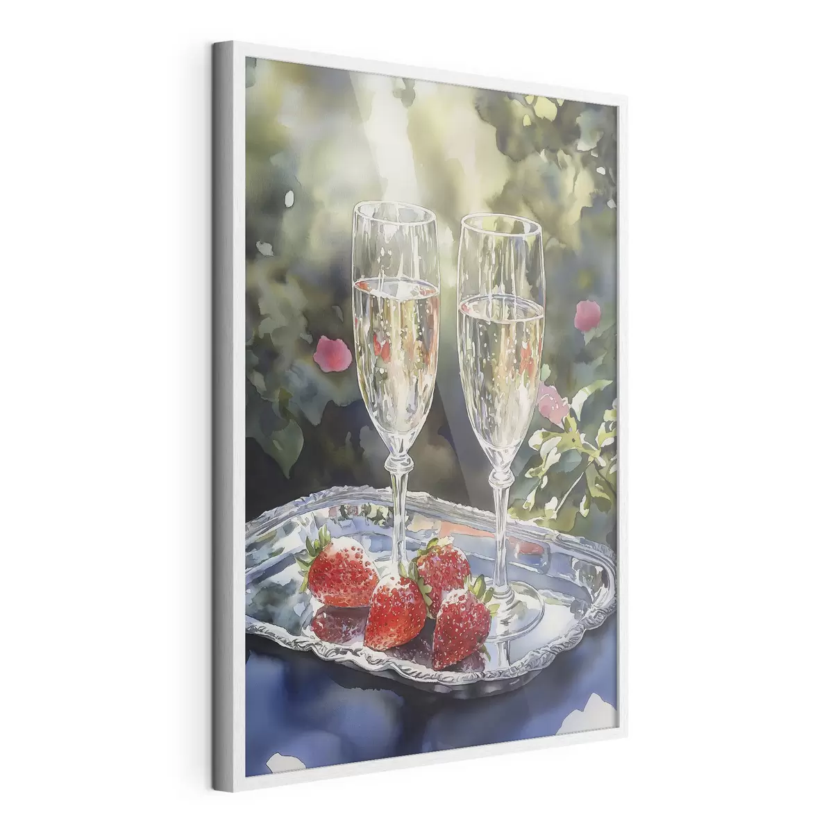 Poster Festliche und prickelnde Sektgläser mit Erdbeeren auf dem Tablett f43057
