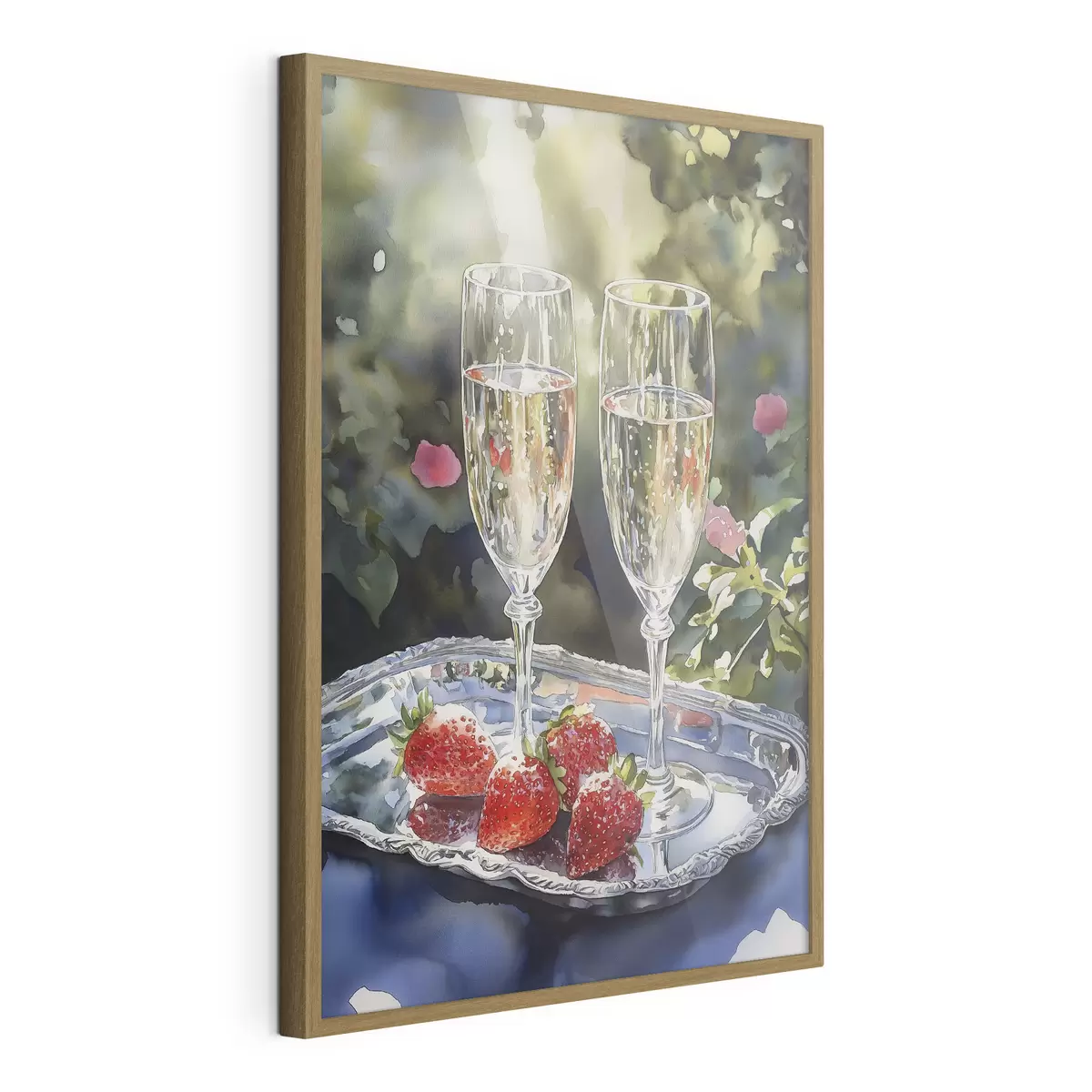Poster Festliche und prickelnde Sektgläser mit Erdbeeren auf dem Tablett f43057