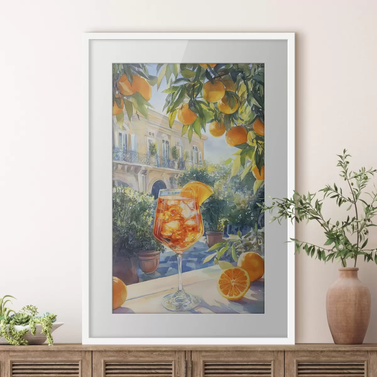 Poster Cocktail mit Orangen, Aquarellstil, Italien, Aperol Spritz, Architektur, Sommergarten f43061
