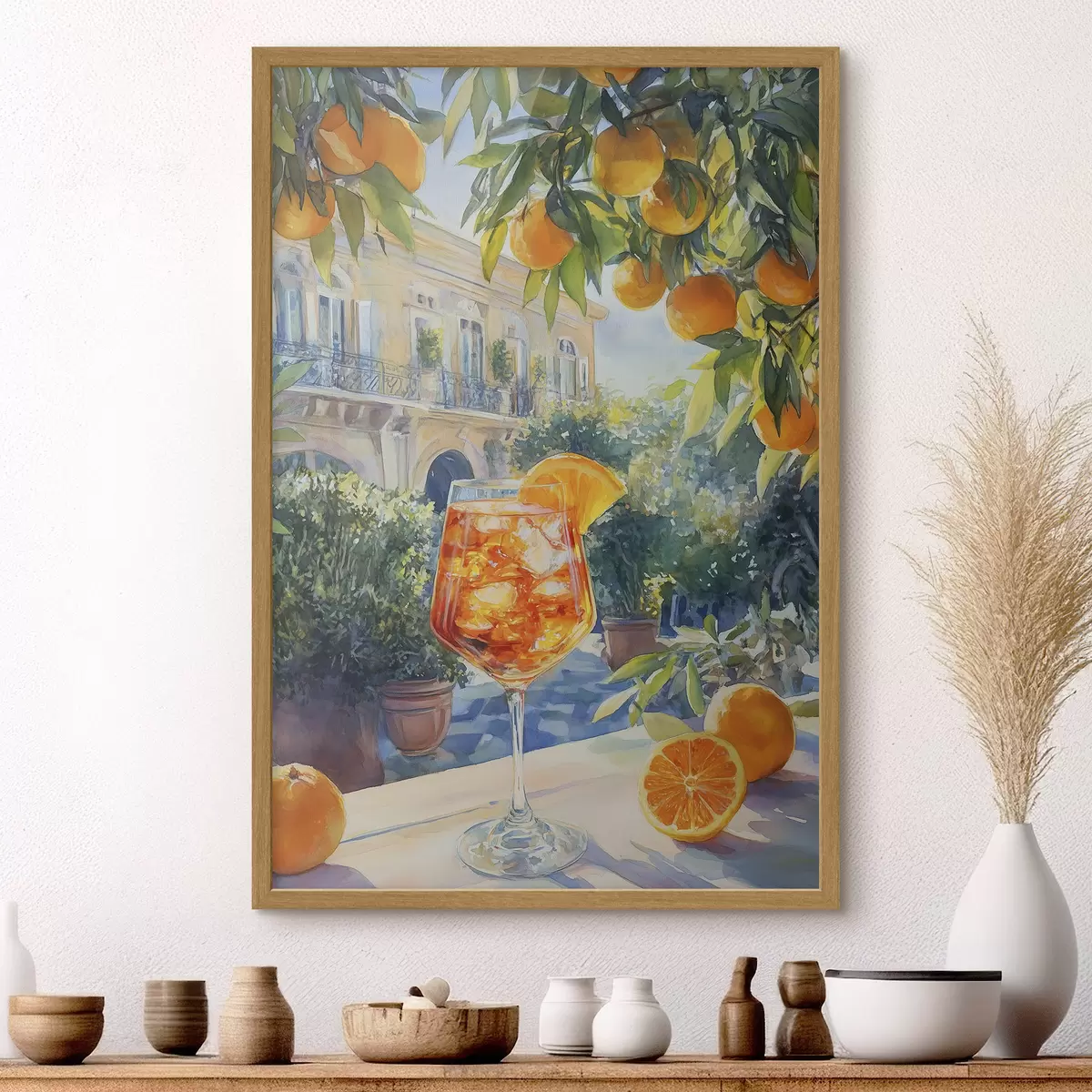 Poster Cocktail mit Orangen, Aquarellstil, Italien, Aperol Spritz, Architektur, Sommergarten f43061