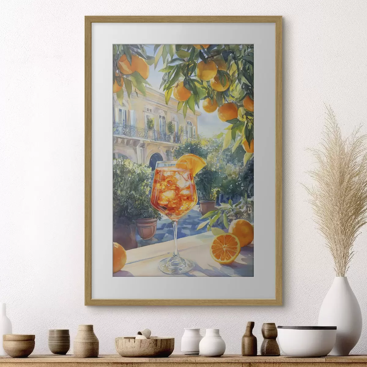 Poster Cocktail mit Orangen, Aquarellstil, Italien, Aperol Spritz, Architektur, Sommergarten f43061