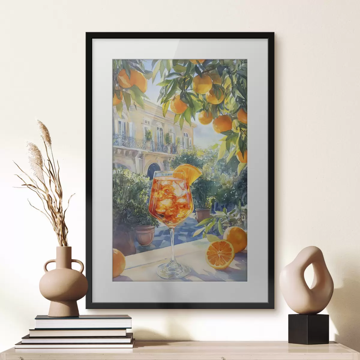 Poster Cocktail mit Orangen, Aquarellstil, Italien, Aperol Spritz, Architektur, Sommergarten f43061