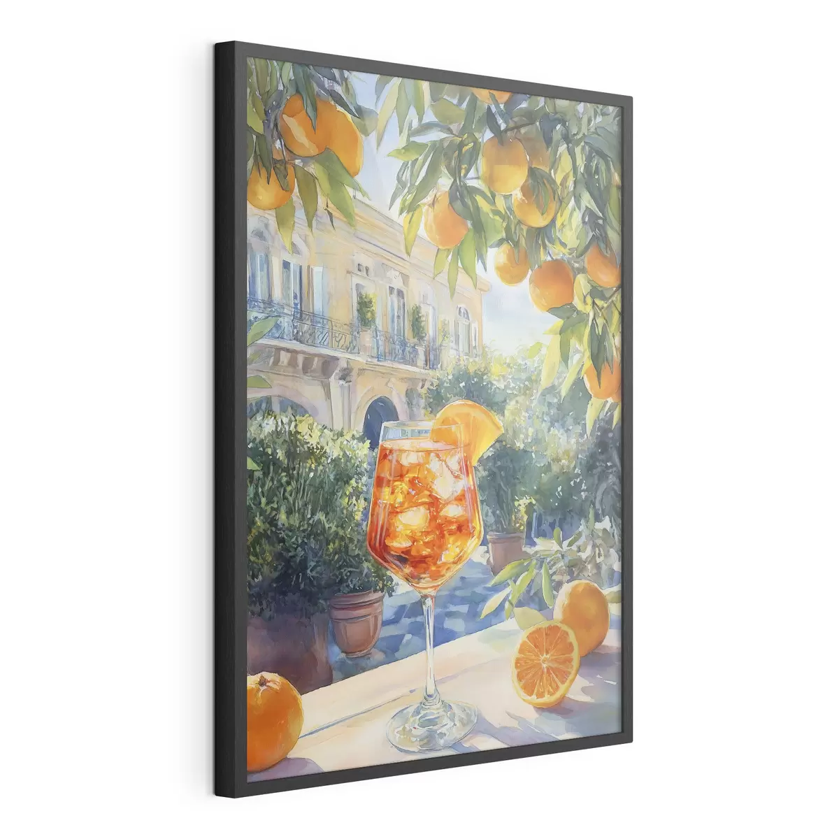 Poster Cocktail mit Orangen, Aquarellstil, Italien, Aperol Spritz, Architektur, Sommergarten f43061