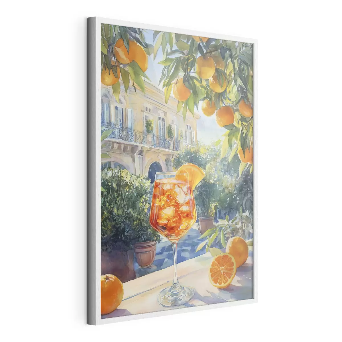 Poster Cocktail mit Orangen, Aquarellstil, Italien, Aperol Spritz, Architektur, Sommergarten f43061