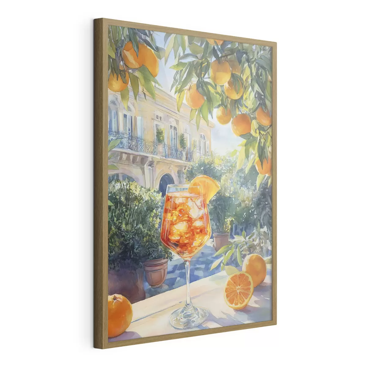 Poster Cocktail mit Orangen, Aquarellstil, Italien, Aperol Spritz, Architektur, Sommergarten f43061