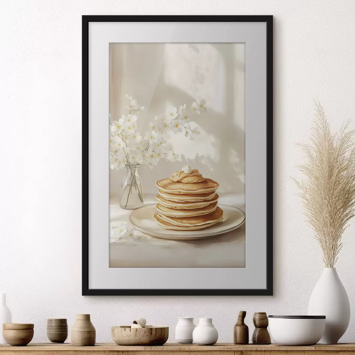 Poster Leckere Pfannkuchen mit Erdnussbutter, Aquarellstil, Vase mit weißen Blumen f43063