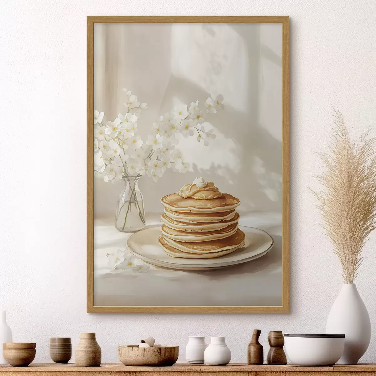 Poster Leckere Pfannkuchen mit Erdnussbutter, Aquarellstil, Vase mit weißen Blumen f43063