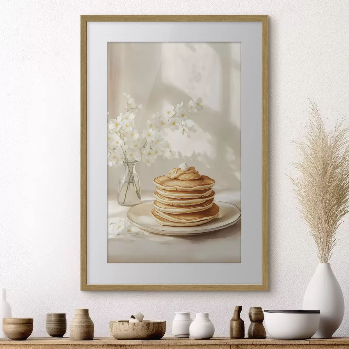 Poster Leckere Pfannkuchen mit Erdnussbutter, Aquarellstil, Vase mit weißen Blumen f43063