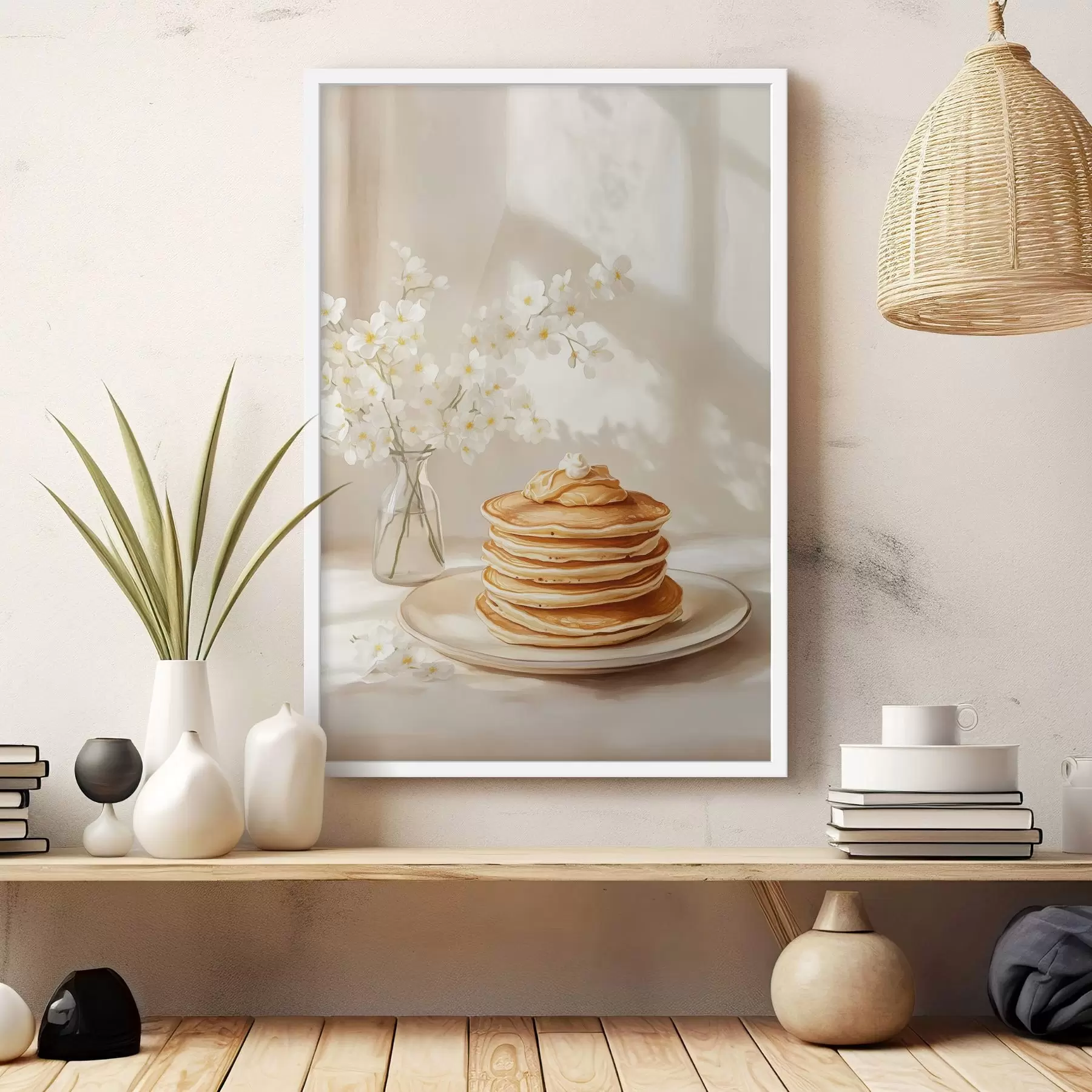 Fototapete Leckere Pfannkuchen mit Erdnussbutter, Aquarellstil, Vase mit weißen Blumen f43063