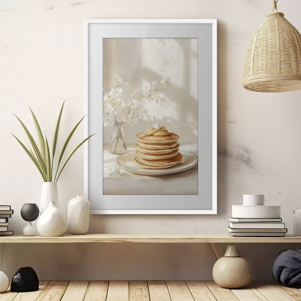 Poster Leckere Pfannkuchen mit Erdnussbutter, Aquarellstil, Vase mit weißen Blumen f43063