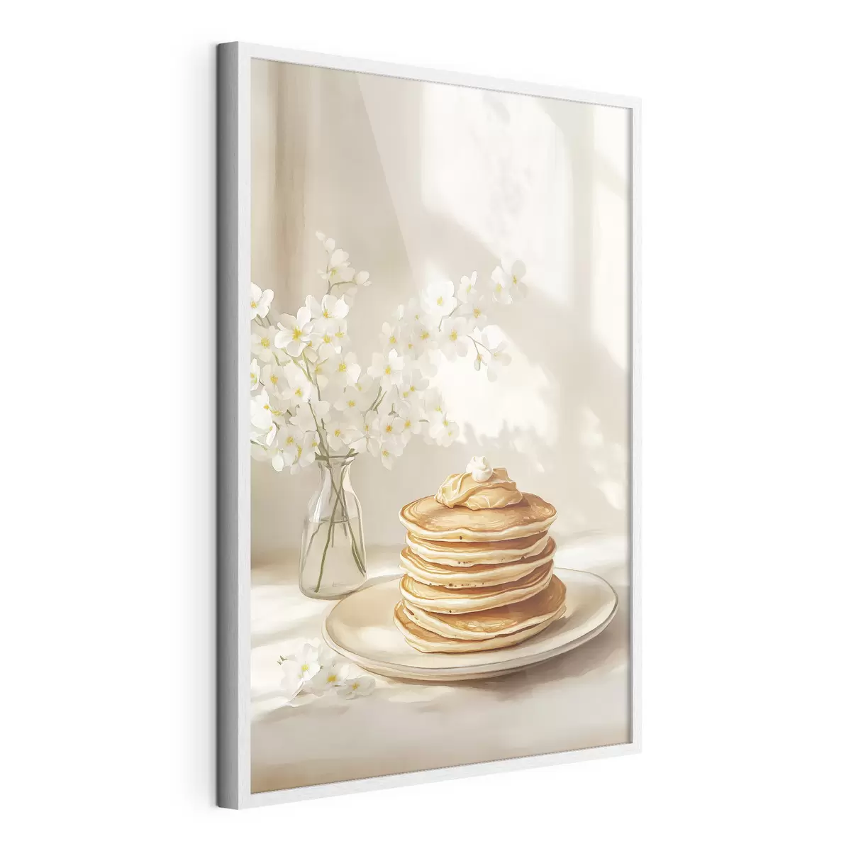 Poster Leckere Pfannkuchen mit Erdnussbutter, Aquarellstil, Vase mit weißen Blumen f43063