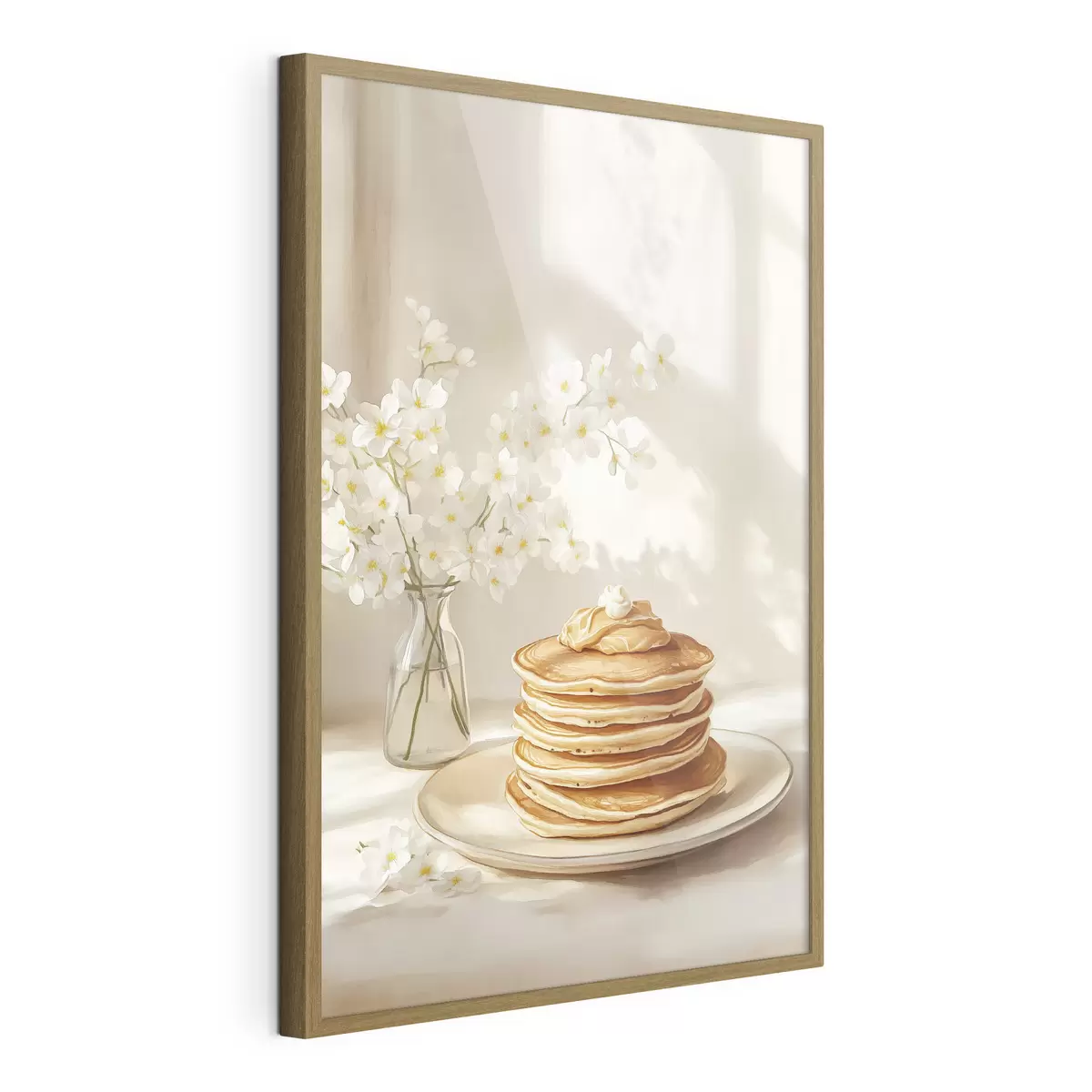 Poster Leckere Pfannkuchen mit Erdnussbutter, Aquarellstil, Vase mit weißen Blumen f43063