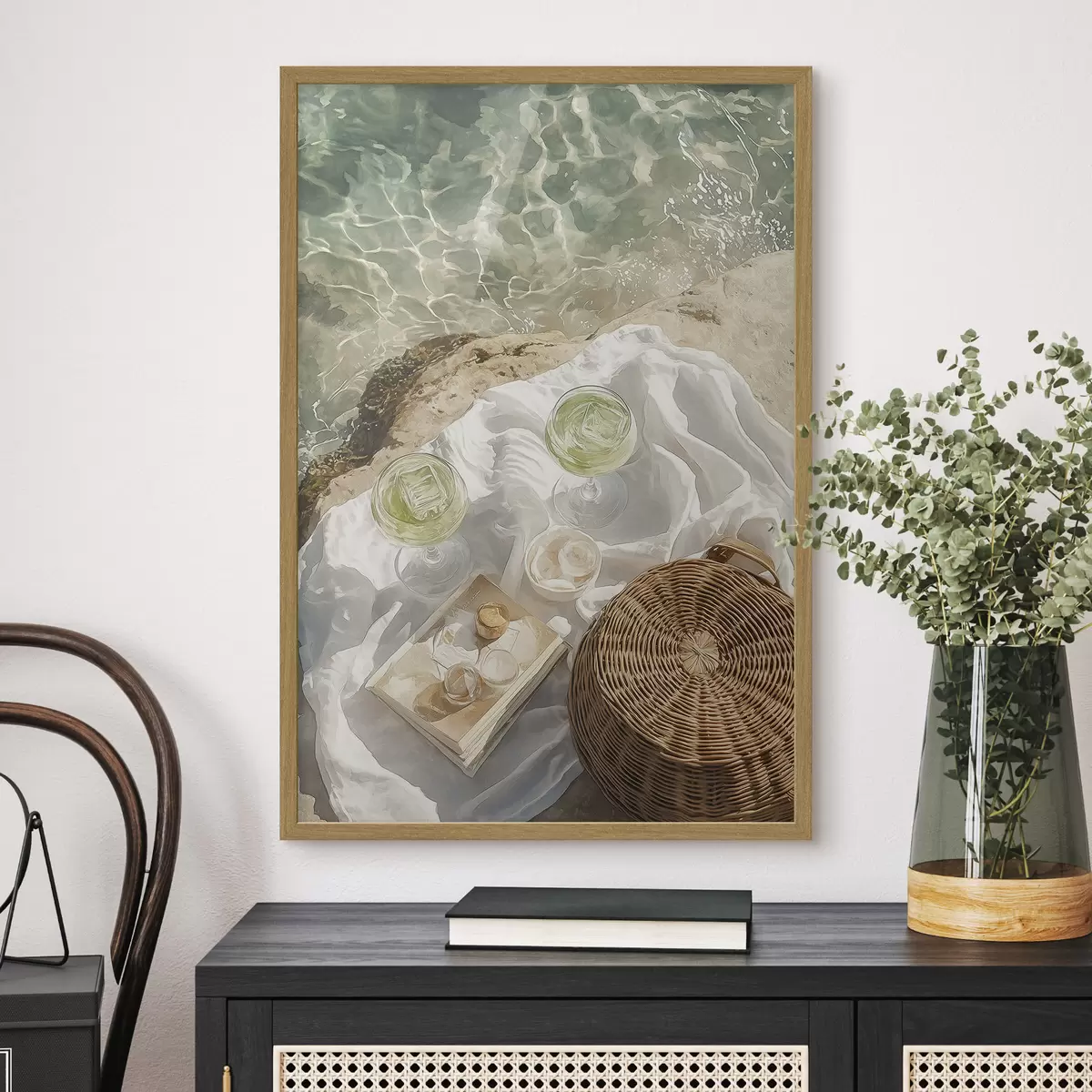 Poster Sommerästhetik, Meereswellen, Strand, Cocktails, Aquarellstil f43069