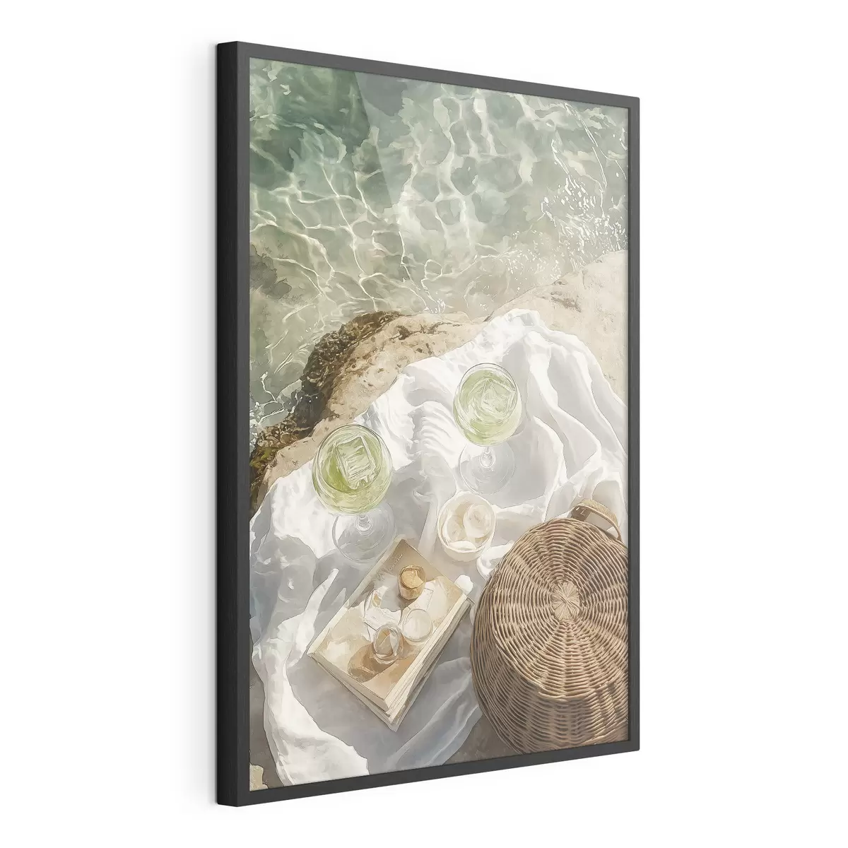 Poster Sommerästhetik, Meereswellen, Strand, Cocktails, Aquarellstil f43069