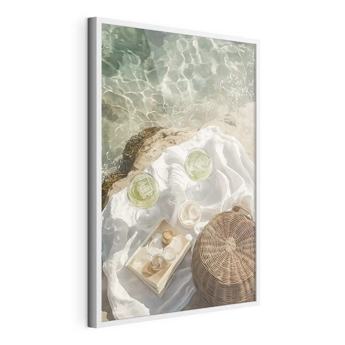 Poster Sommerästhetik, Meereswellen, Strand, Cocktails, Aquarellstil f43069