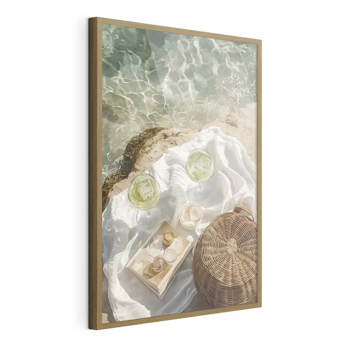 Poster Sommerästhetik, Meereswellen, Strand, Cocktails, Aquarellstil f43069