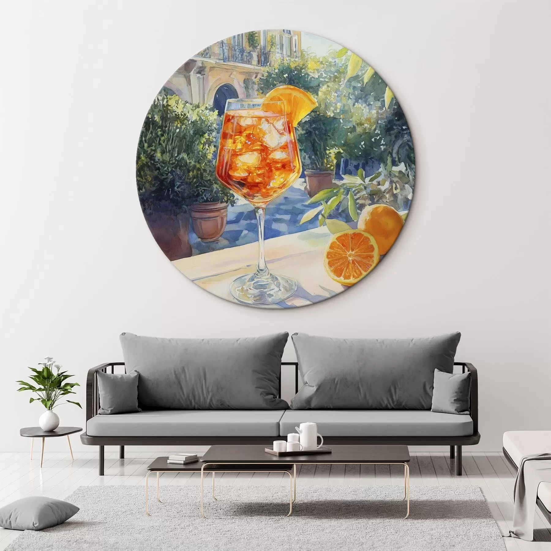 Fototapete Cocktail mit Orangen, Aquarellstil, Italien, Aperol Spritz, Architektur, Sommergarten r43061