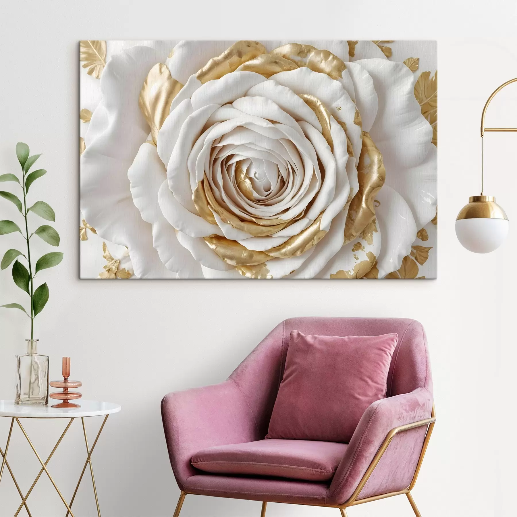 Fototapete Eine weiße minimalistische dekorative Rose mit gelben Akzenten, die Blütenblätter sind geschichtet und gekräuselt s43160