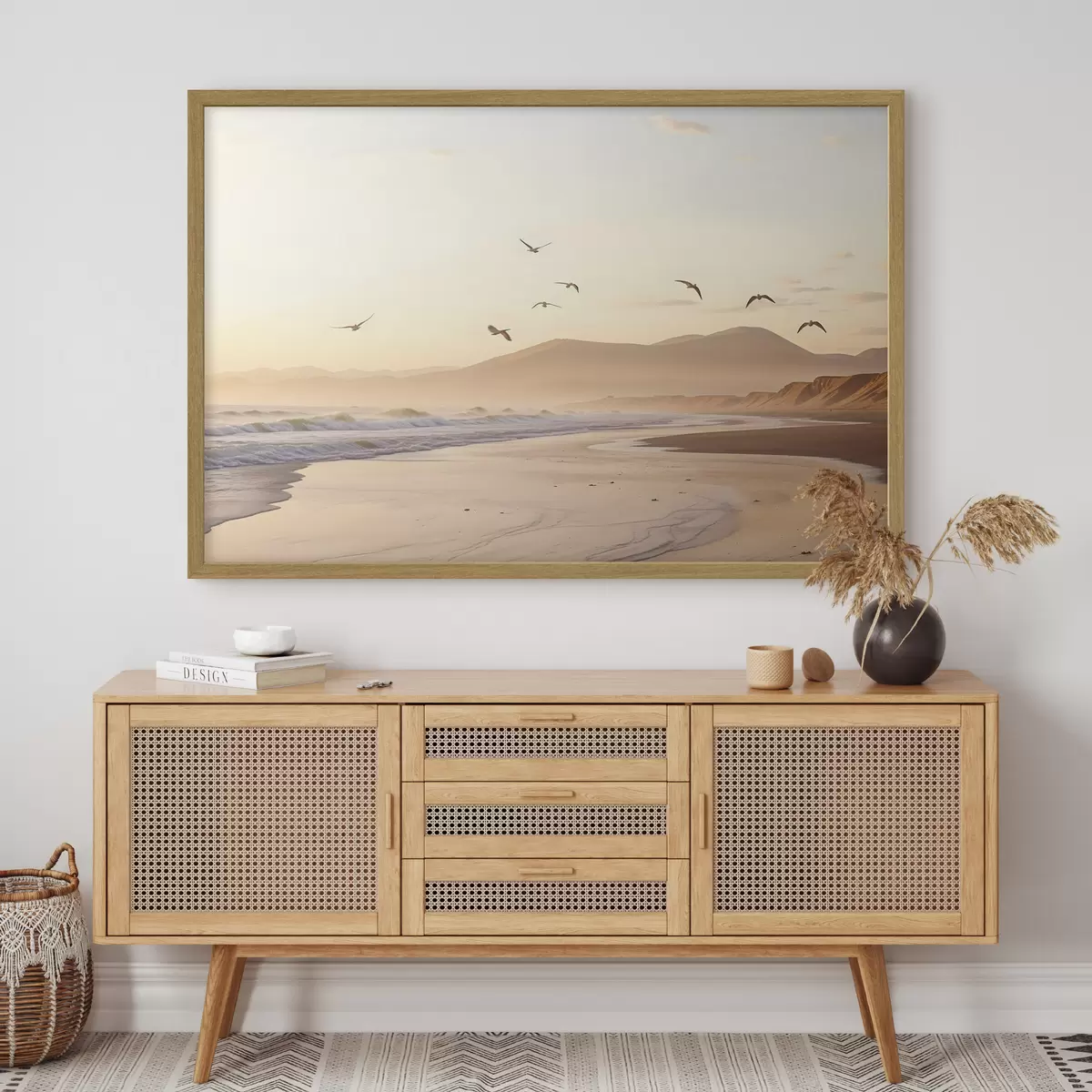 Poster Vögel fliegen über den Strand mit Meer, Berge im Hintergrund, warme Farben, weiche Pastellpalette f43162