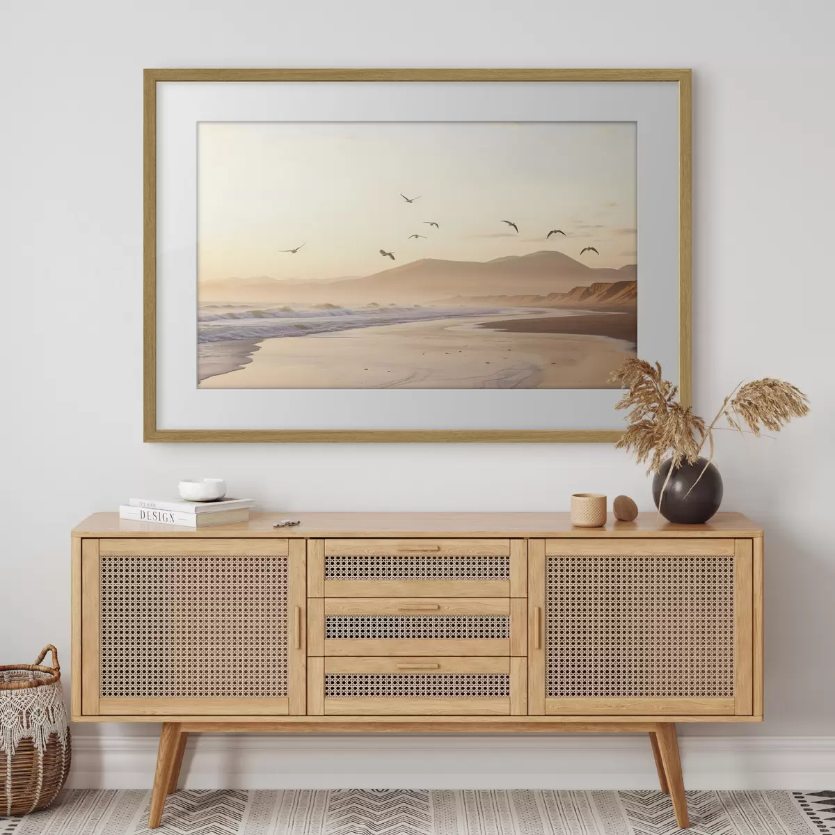 Poster Vögel fliegen über den Strand mit Meer, Berge im Hintergrund, warme Farben, weiche Pastellpalette f43162