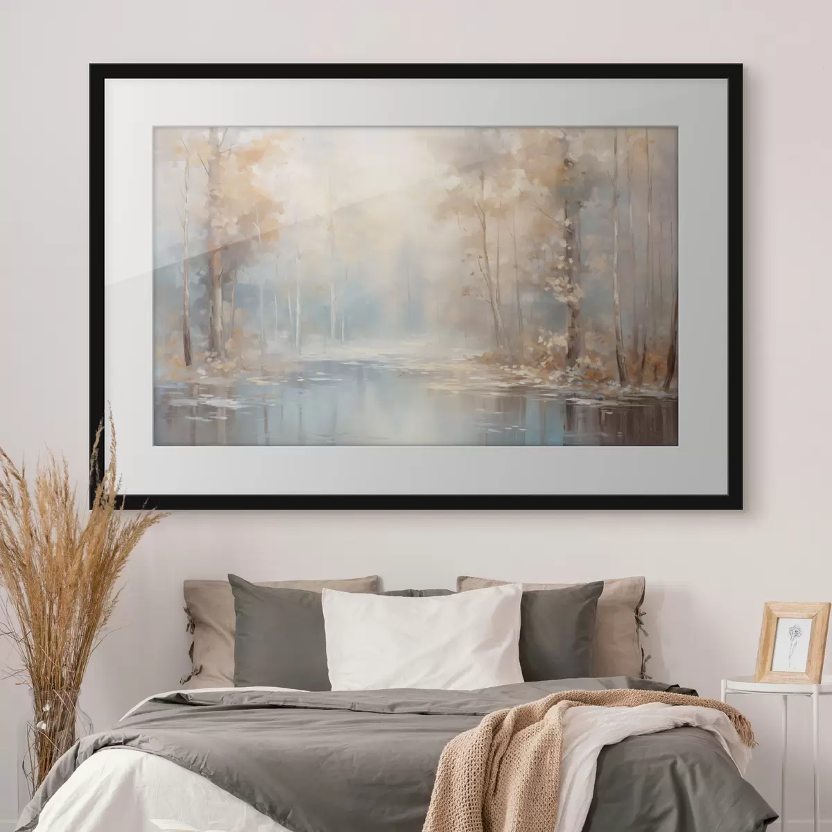 Poster Landschaft Ölgemälde Nachahmung eines ruhigen Flusses reflektiert das weiche Licht, umgeben von Herbstbäumen f43167