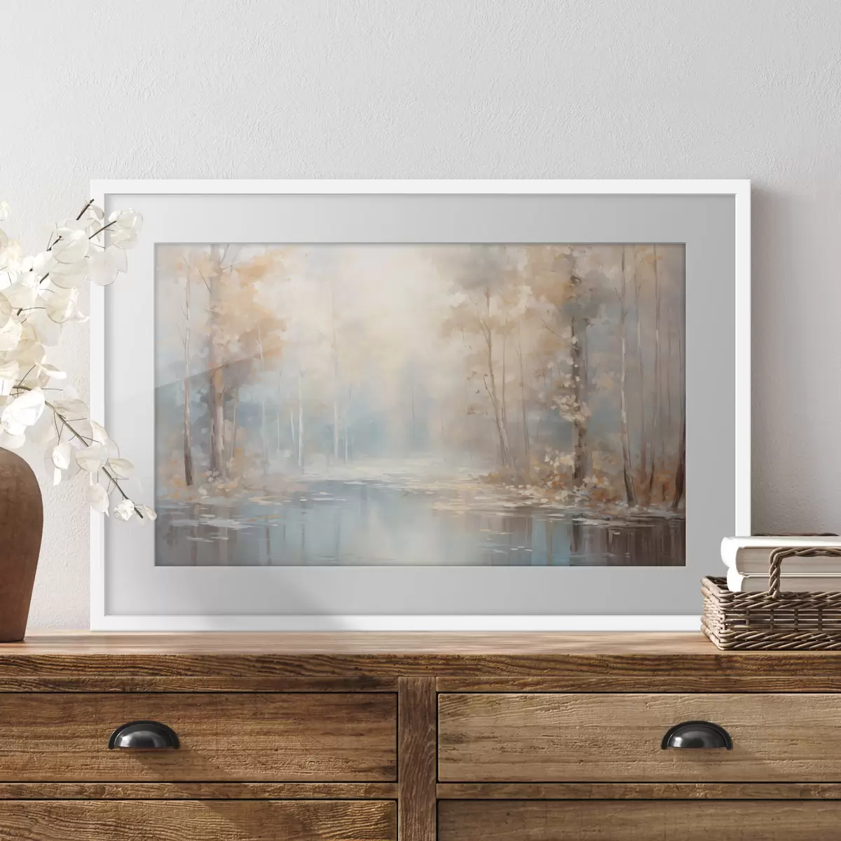 Poster Landschaft Ölgemälde Nachahmung eines ruhigen Flusses reflektiert das weiche Licht, umgeben von Herbstbäumen f43167