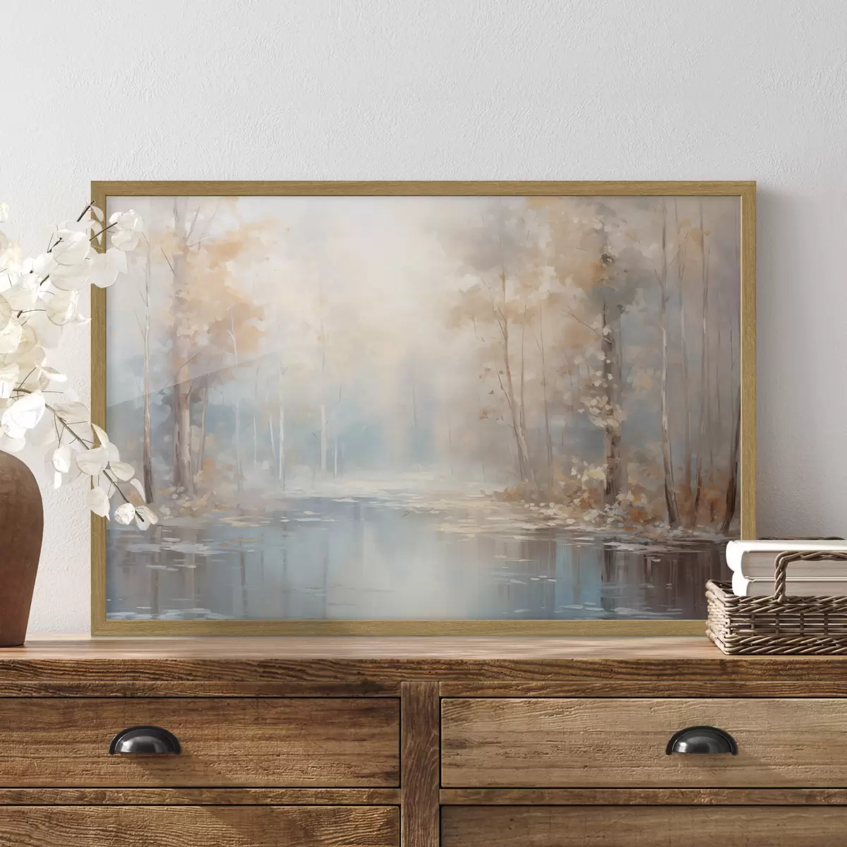 Poster Landschaft Ölgemälde Nachahmung eines ruhigen Flusses reflektiert das weiche Licht, umgeben von Herbstbäumen f43167