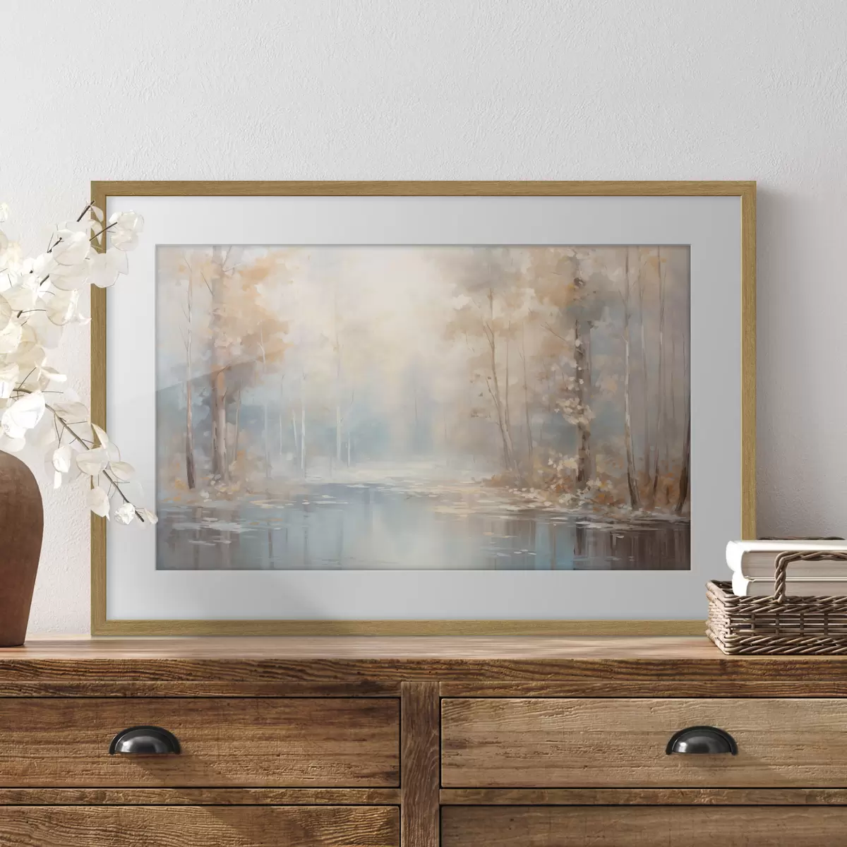 Poster Landschaft Ölgemälde Nachahmung eines ruhigen Flusses reflektiert das weiche Licht, umgeben von Herbstbäumen f43167