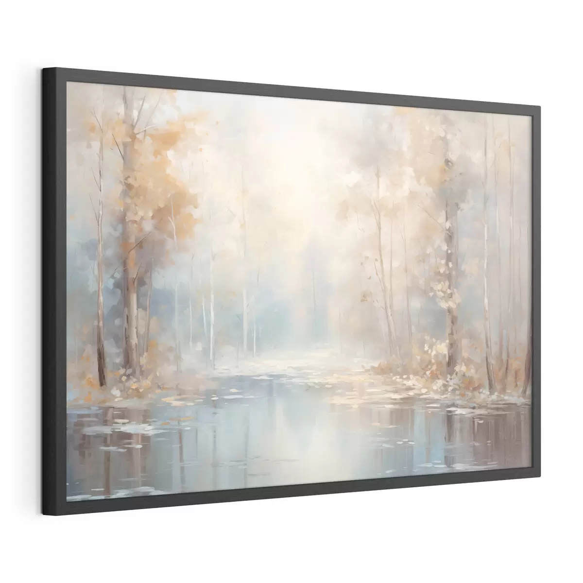 Poster Landschaft Ölgemälde Nachahmung eines ruhigen Flusses reflektiert das weiche Licht, umgeben von Herbstbäumen f43167