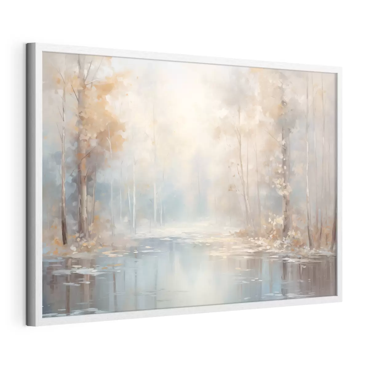 Poster Landschaft Ölgemälde Nachahmung eines ruhigen Flusses reflektiert das weiche Licht, umgeben von Herbstbäumen f43167