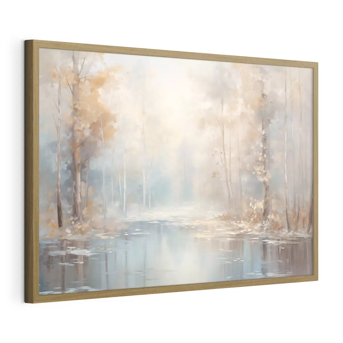 Poster Landschaft Ölgemälde Nachahmung eines ruhigen Flusses reflektiert das weiche Licht, umgeben von Herbstbäumen f43167