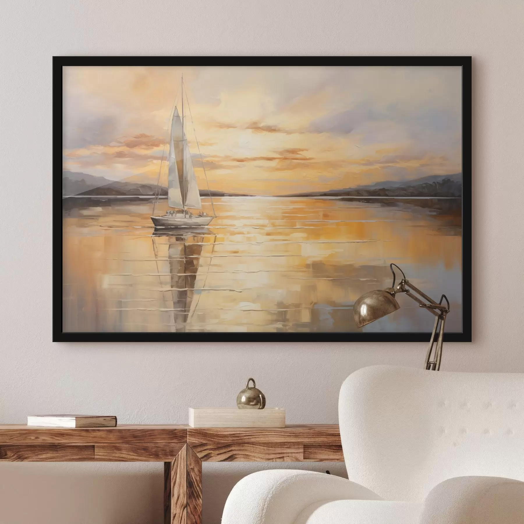 Fototapete Landschaftsgemälde mit einem Segelboot auf ruhiger See, orange-gelbem Himmel und fernen Bergen f43169