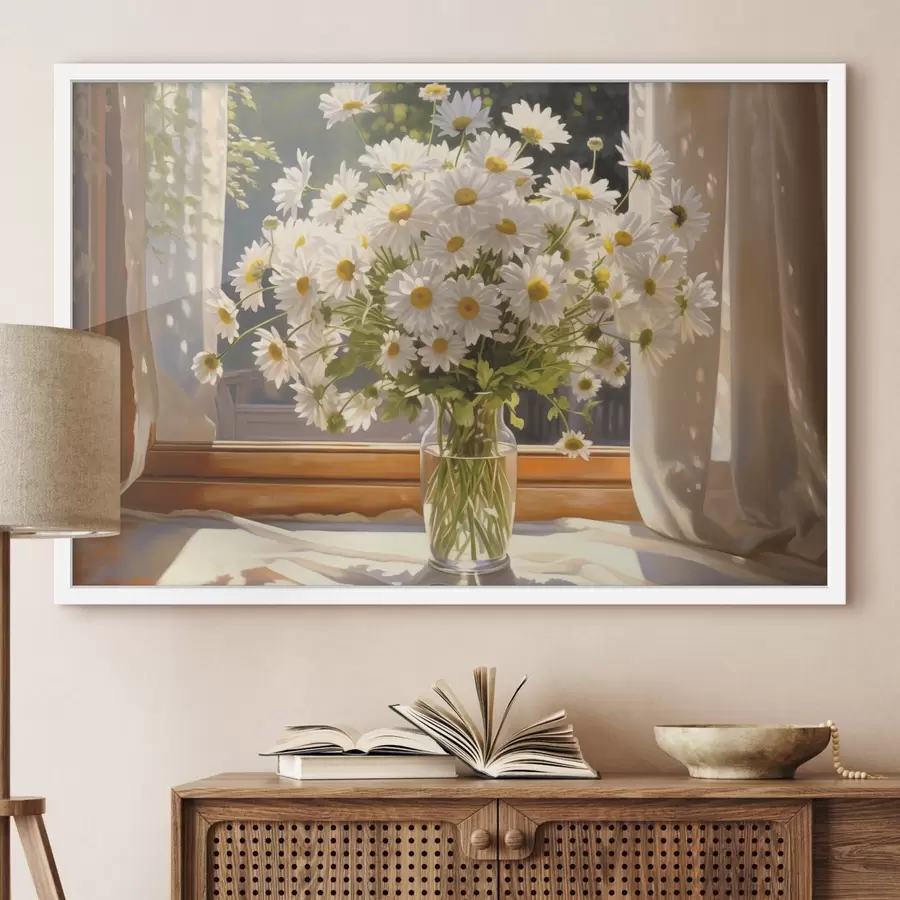 Fototapete Ölgemälde Nachahmung einer Vase mit weißen Gänseblümchen auf einer Fensterbank, sonniger Tag, warme Farben Palette f43171