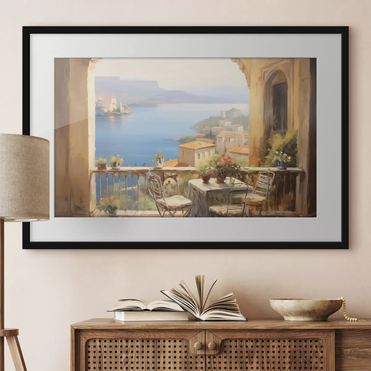 Poster Ölgemälde Nachahmung von Balkon mit Blumen, mit Blick auf das Meer, Häuser an der Küste, sonniger Tag, blauer Himmel f43173
