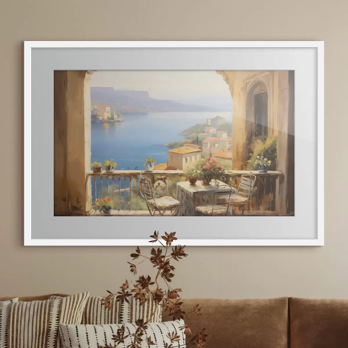 Poster Ölgemälde Nachahmung von Balkon mit Blumen, mit Blick auf das Meer, Häuser an der Küste, sonniger Tag, blauer Himmel f43173